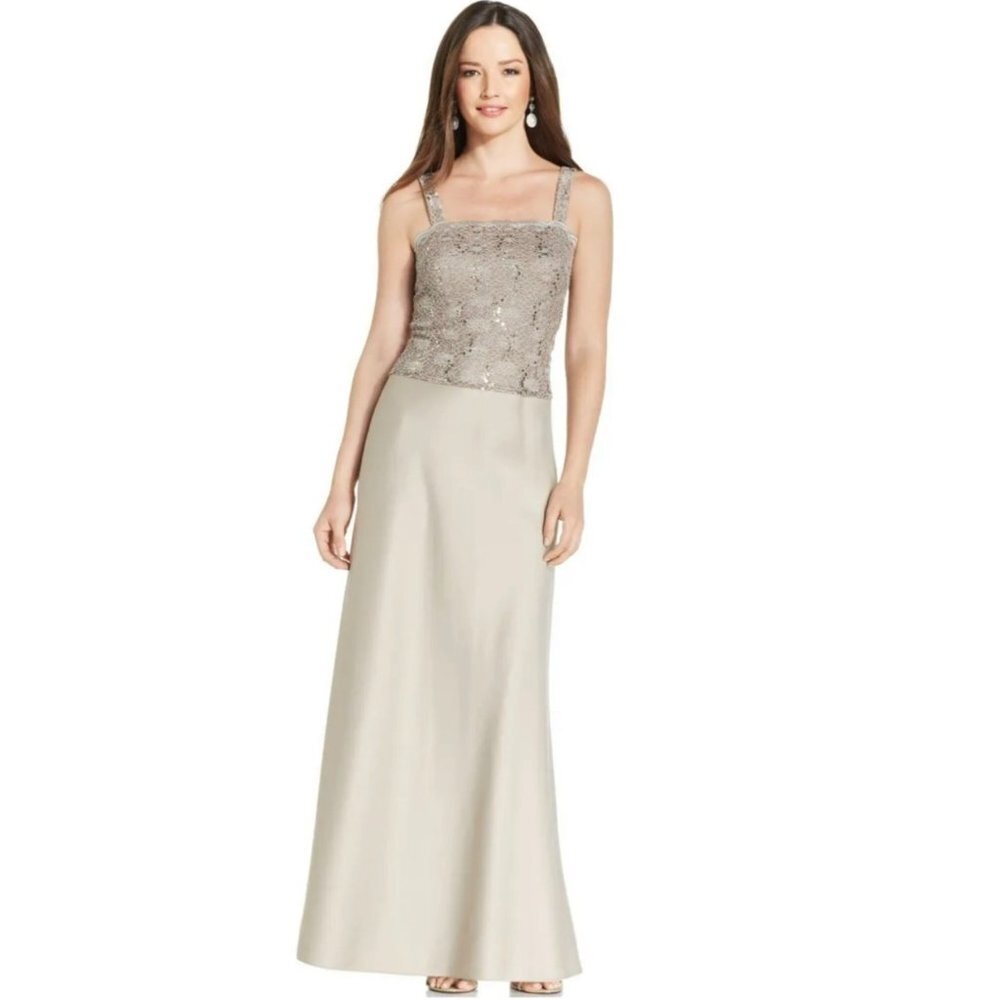 Alex Evenings Dress Lace Sequins Popover Satin Skirt Formal Gown SZ 10‎